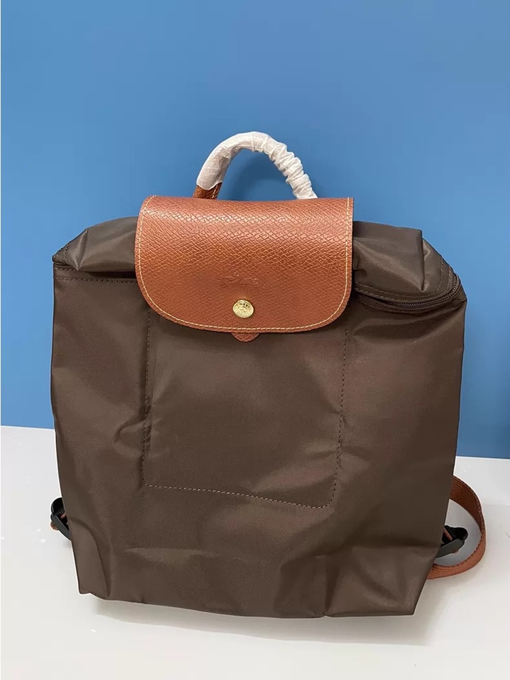 Longchamp Brown Nylon Backpack with Tan Leather Flap